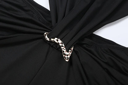 Deep V-Neck Metal Buckle Ruched Cross Bandage Jumpsuits