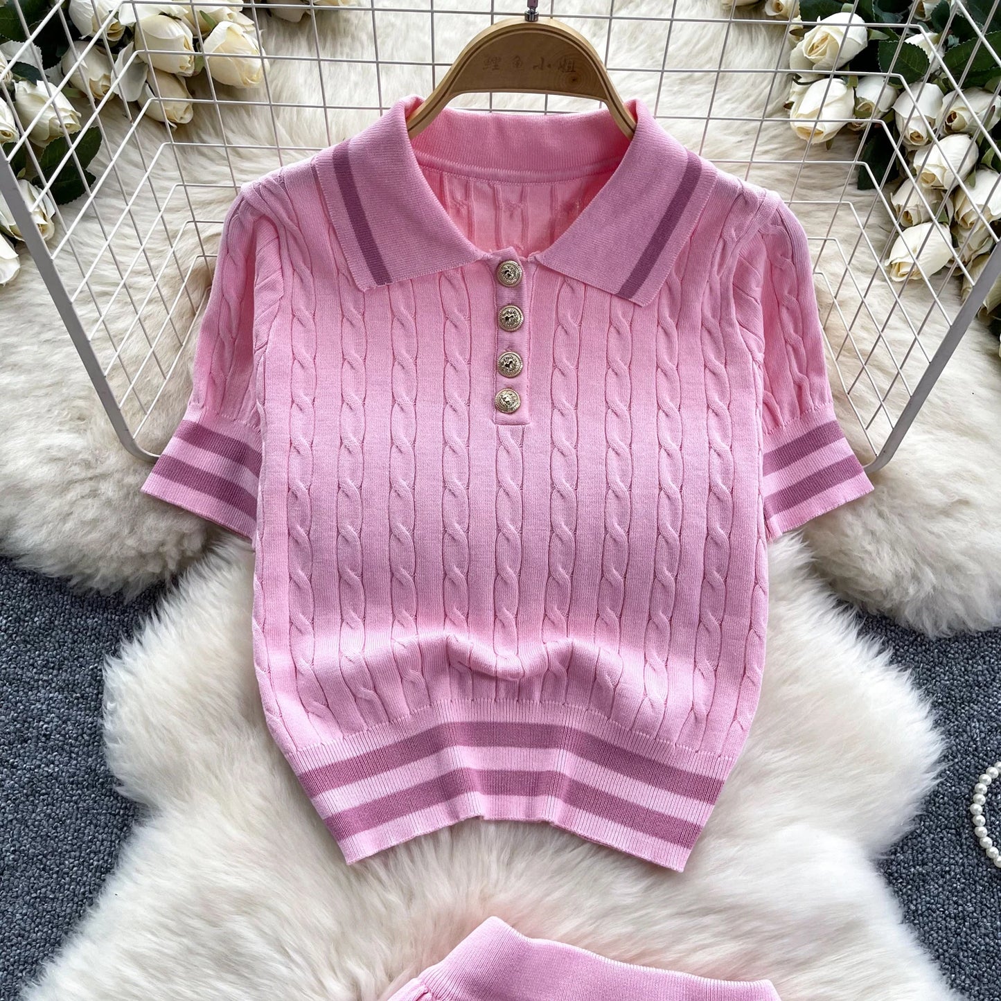 Newest Knitting Two Pieces Sets Button Vintage Basic Tops + High Waist Pleated Skirt Women Fashion 2pcs Suits