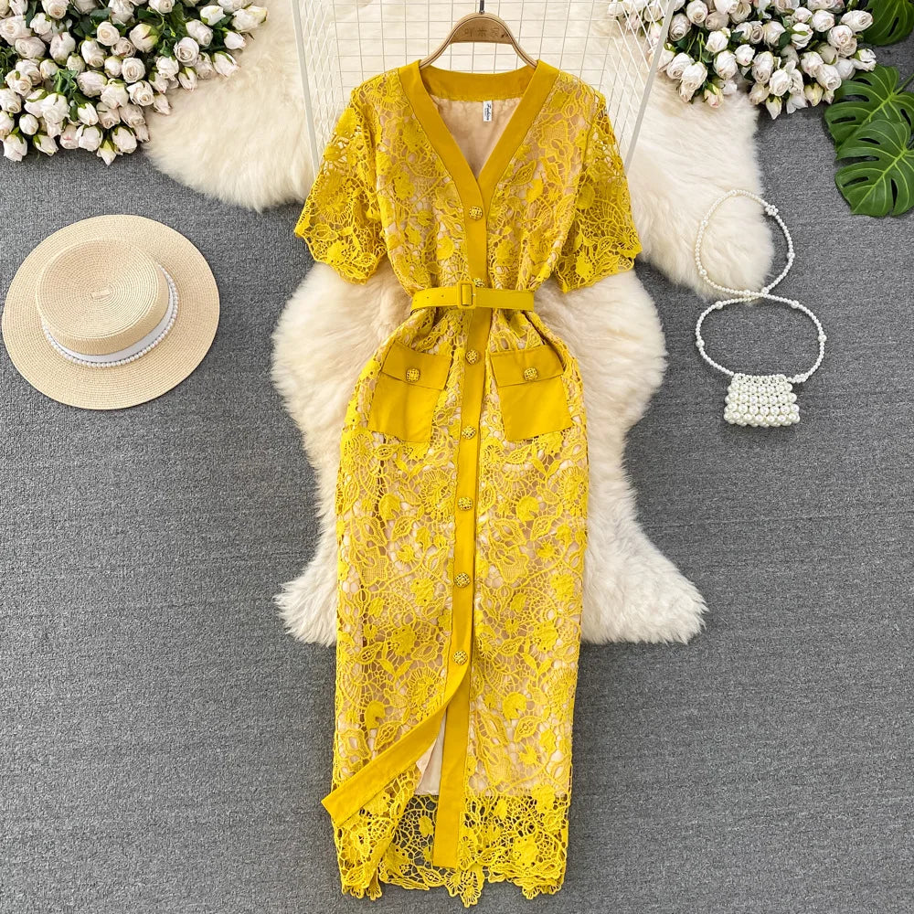 Floral Lace Dress V Neck High Waist Maxi Dresses