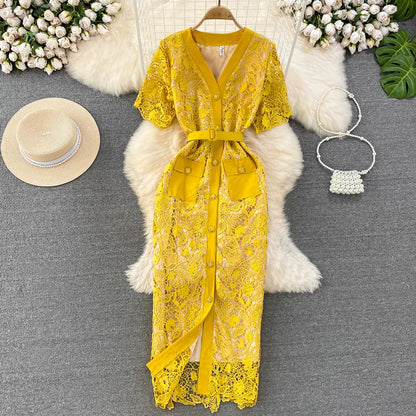 Floral Lace Dress V Neck High Waist Maxi Dresses