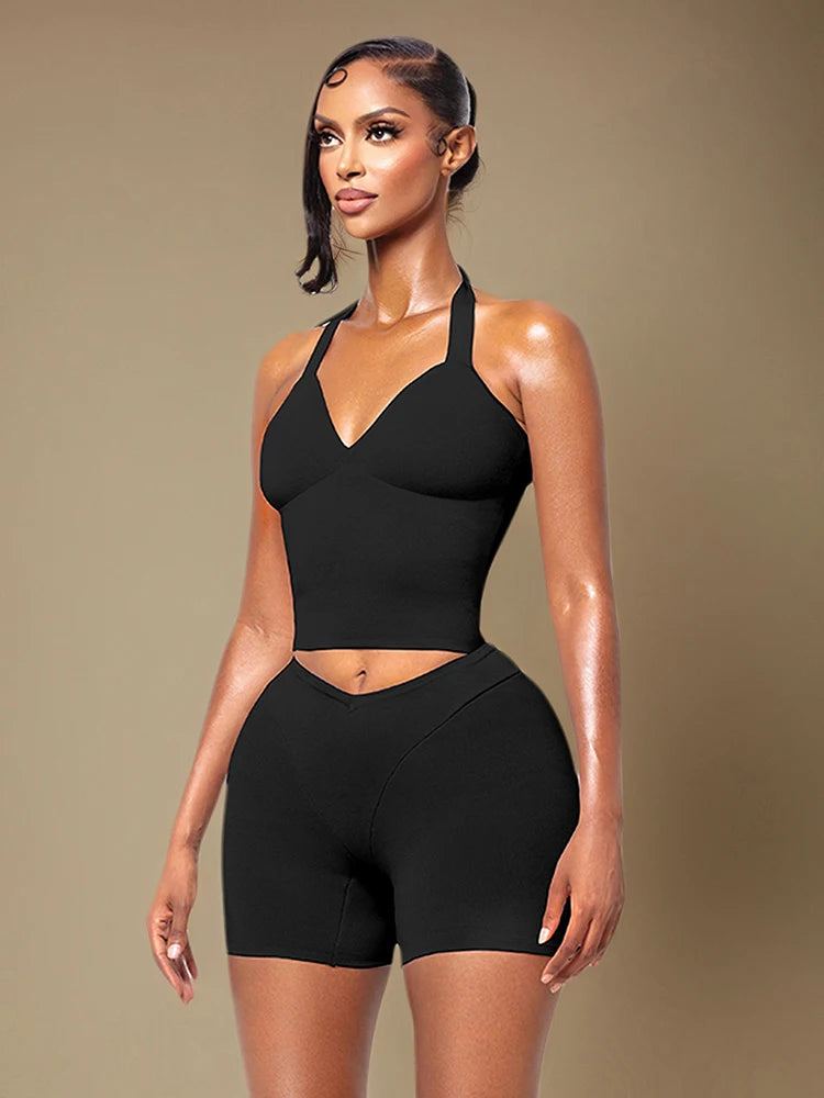 Halter Backless Vest + Stretchy Short Matching Sets