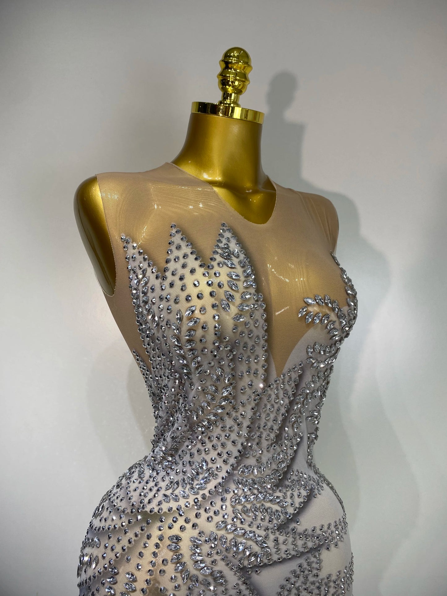 Luxury Rhinestone Sleeveless Silver Maxi Dresses (See Through)
