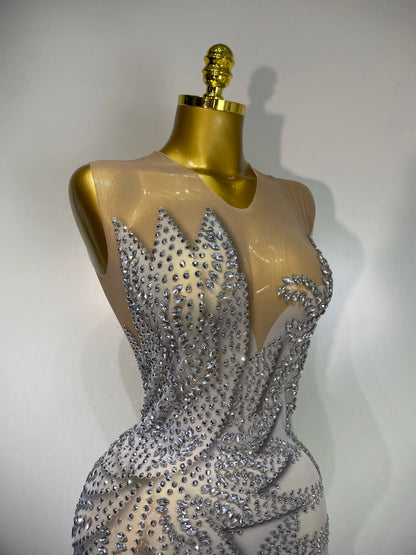 Luxury Rhinestone Sleeveless Silver Maxi Dresses (See Through)