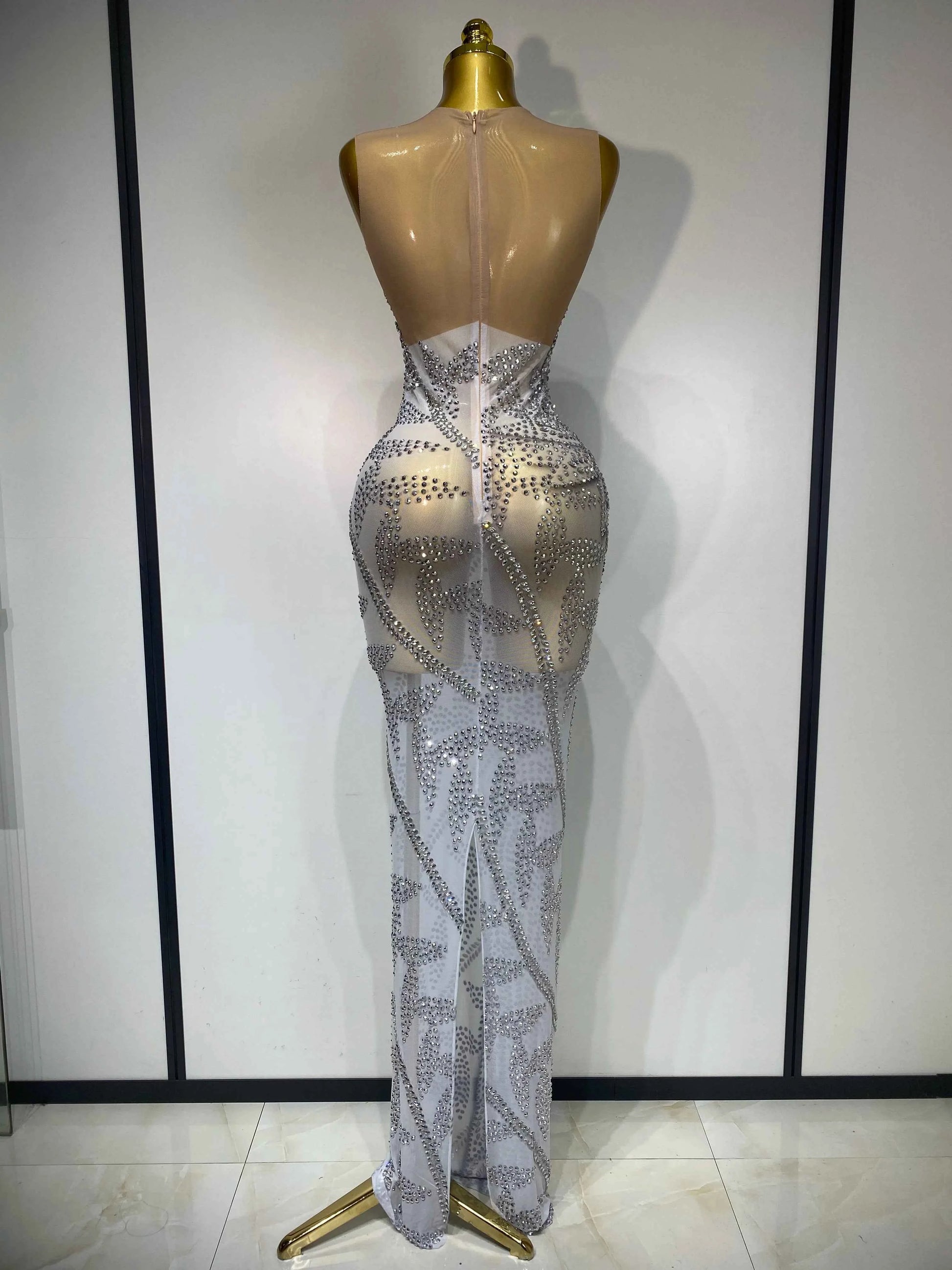Luxury Rhinestone Sleeveless Silver Maxi Dresses (See Through)