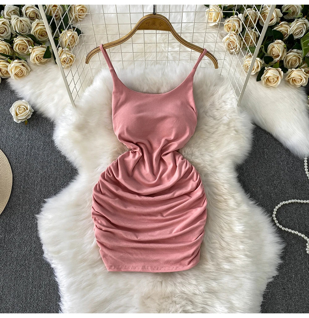 Spaghetti Strap Pleated Temperament Mini Dresses