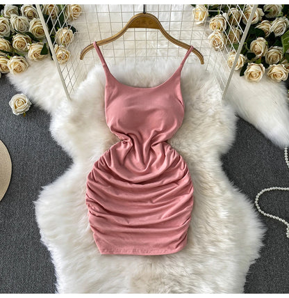Spaghetti Strap Pleated Temperament Mini Dresses