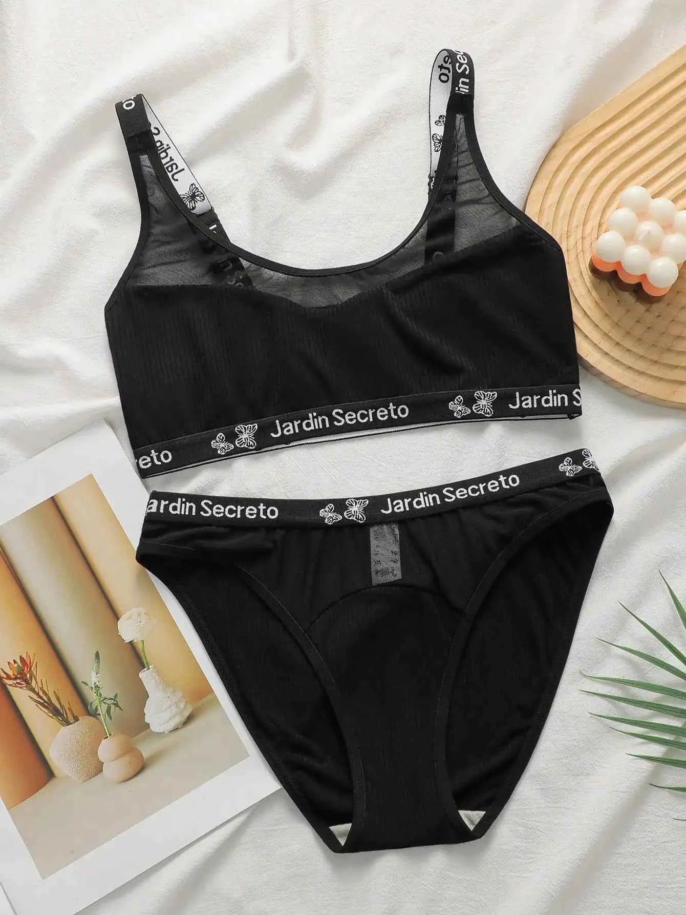 Black Letter Strap Bralette Set Padded No Underwire + Panty Lace Lingerie Set