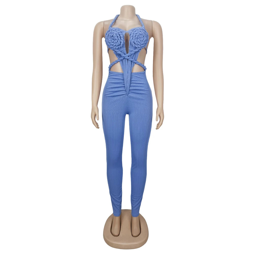 Halter Neck Ribbed Ruched Backless Leggings Jumpsuits (One Piece)