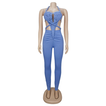 Halter Neck Ribbed Ruched Backless Leggings Jumpsuits (One Piece)