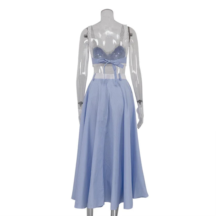 Lace Trim Crop Top + High Waist Flare Skirt Set