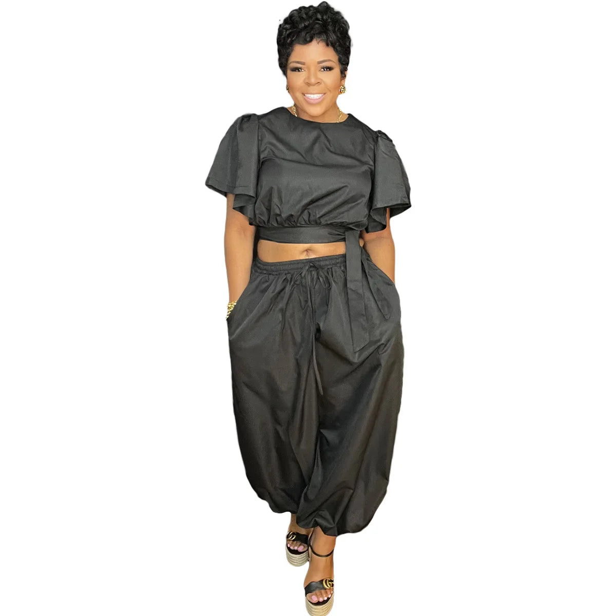 O-neck Belt Short Flare Sleeve Crop Top + Pants Suits (2 pcs.)