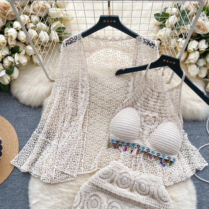 Halter Sleeveless Mini Camis + Hollow Out Cardigan + Elastic Waist Slim Skirt Vintage Swim Sets