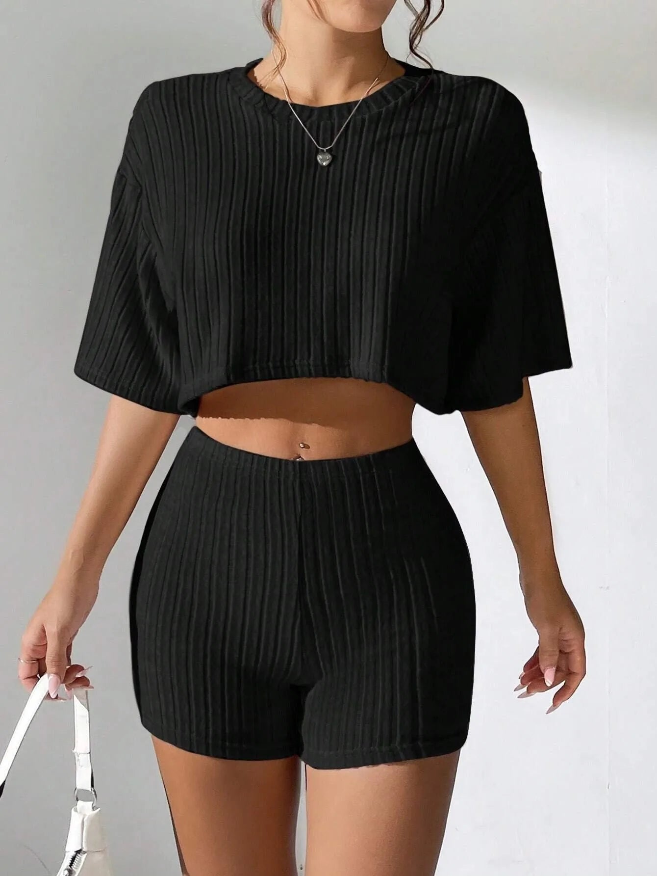 Stretchy Solid Cropped Crew Neck T-Shirt Top + Short Sets