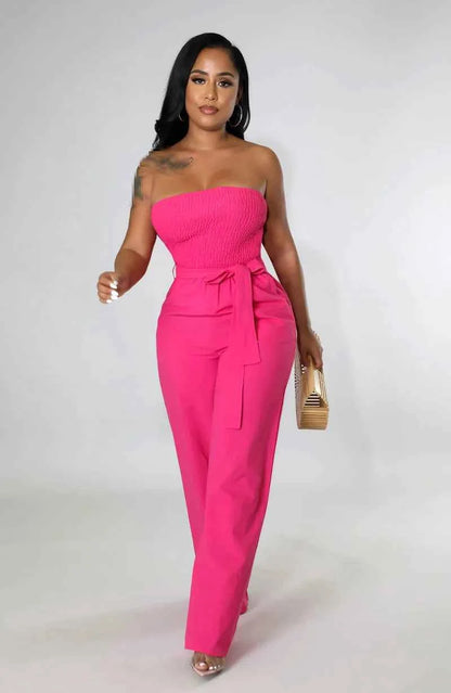 Casual Sleeveless Straight Belted Jumpsuits
