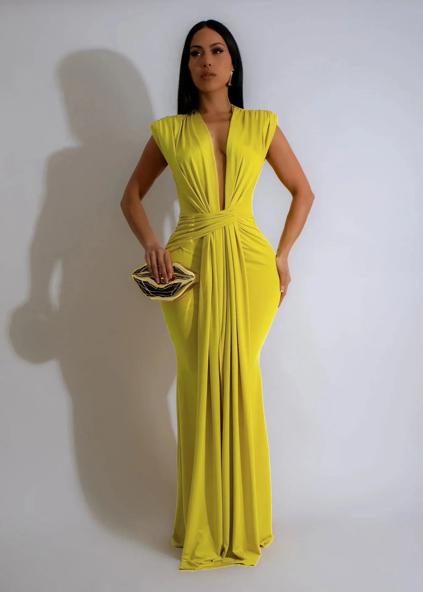 Shaniia Sleeveless Deep V Waist Stretch Elegant MIDI Long Evening Dress