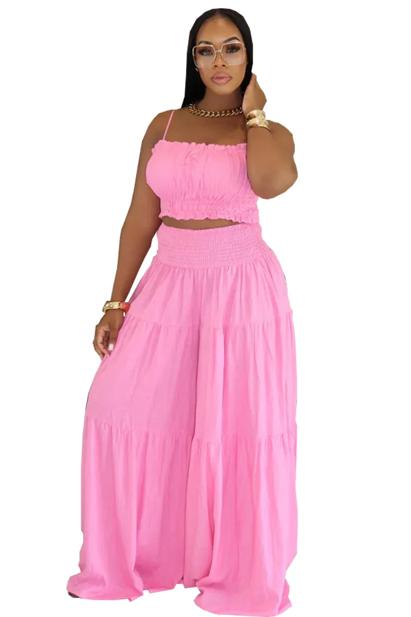 Solid Color Spaghetti Strap Tube Top + Wide Leg Pants