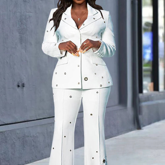 Zuri Formal Suit White V Neck Rivet Flared Leg Blazer Two Piece Pants Set