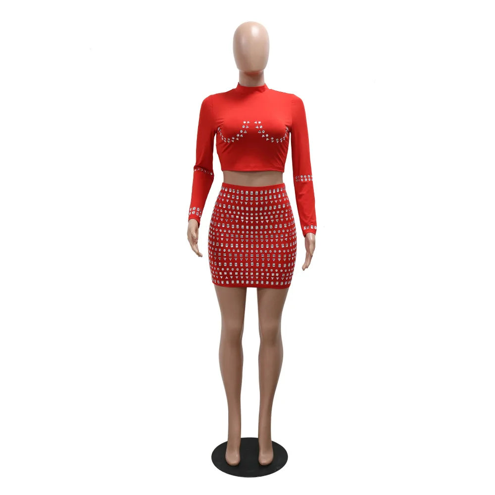 Kizzy Long Sleeve Rhinestone Top and High Waist Mini Skirt (2pcs Set)