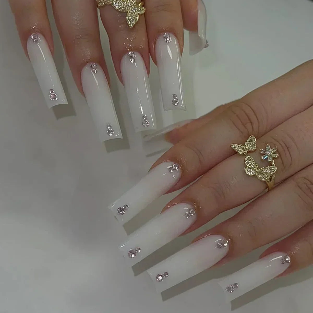 24Pcs Blue Long False Nails Butterfly Ballet French Cartoon  Wearable Fake Nails Full Cover Design Press on Nails Tips Art