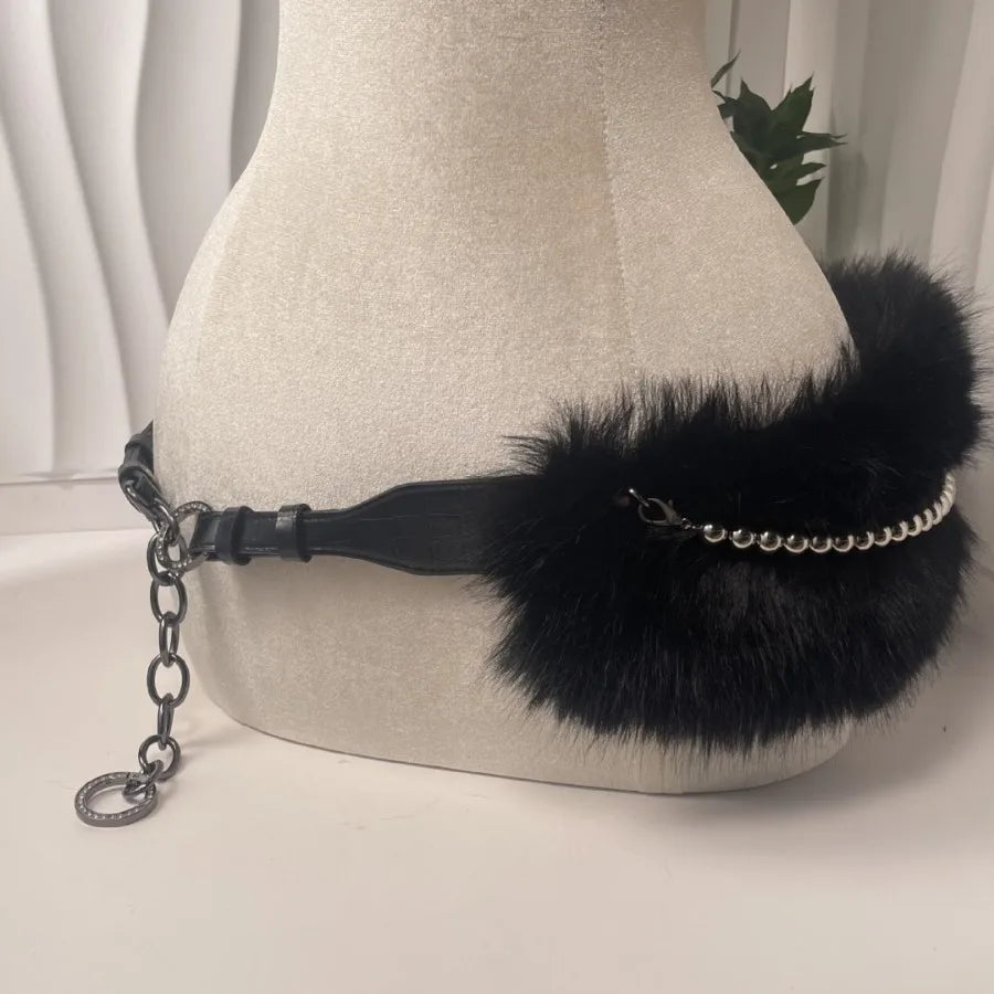 Riri Retro Rabbit Fur Belt Y2K Metal Bead Chain Plush Waist Faux Fur Vintage Waistband Punk Belt