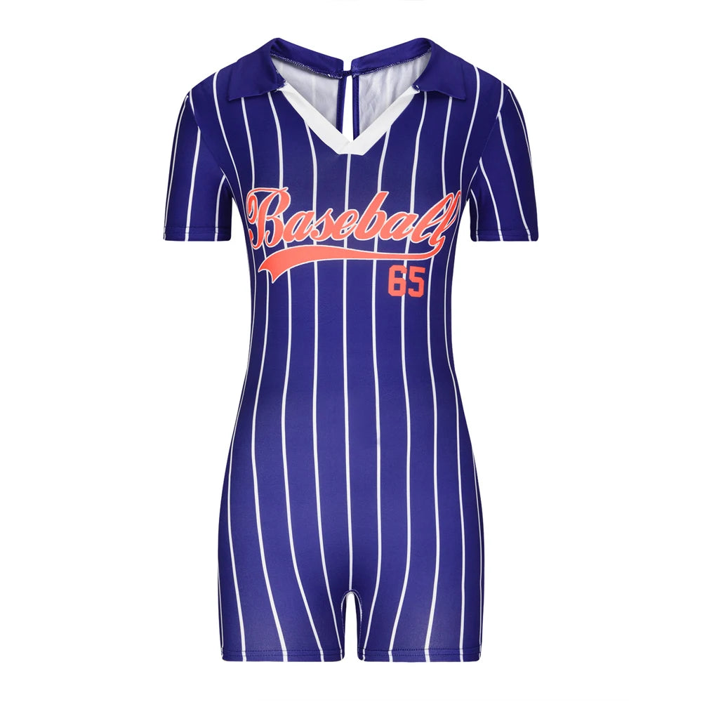 Hennessey's V Neck Baseball Letter One Piece Tight Short Jumpsuit