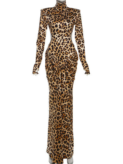 Leopard Print Ruched Patchwork Full Sleeve Midnight Stretch Dresses