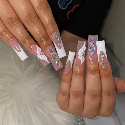 24Pcs Long Ballet False Nails Pink Butterfly with Rhinestones French Design Wearable Fake Nails Glitter Press on Nails Tips Art