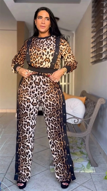 Leopard Print O-neck Top + Split Pants Matching Sets