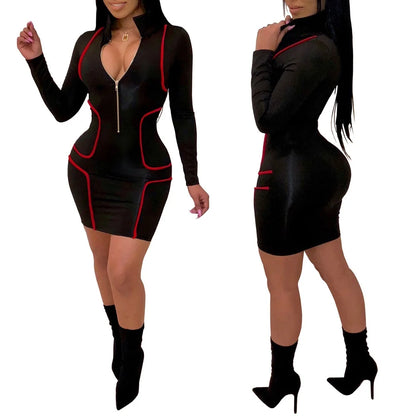 Zipper Stand Collar V Neck Long Sleeve Sheath Mini Dresses Outfits