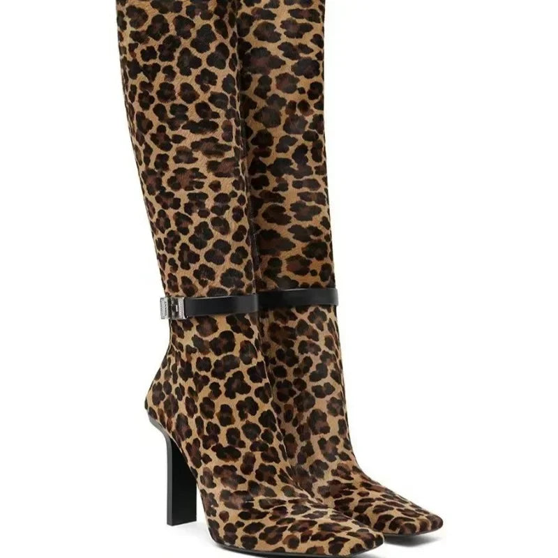 Sanaa Thick Heel Metal Belt Buckle, Side Zipper, Knee Length Leopard Print Boots