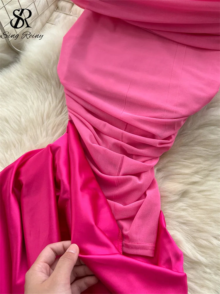 Chic Satin Slash Neck Mesh Splice Pleated Slim Dresses