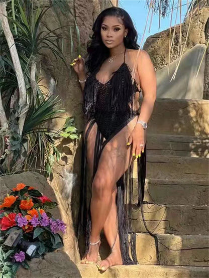 Knitted Tassel See Through Holiday Beach Bodysuits