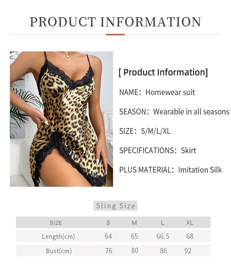 Lace Trim Leopard Nightdress V Neck Backless Side Split Slip Sleepwear Dresses