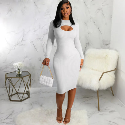 Solid color long-sleeved white collar dresses