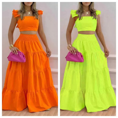 Solid Color Large Swing Skirt + Short Sleeved Square Neck Top (2pcs)