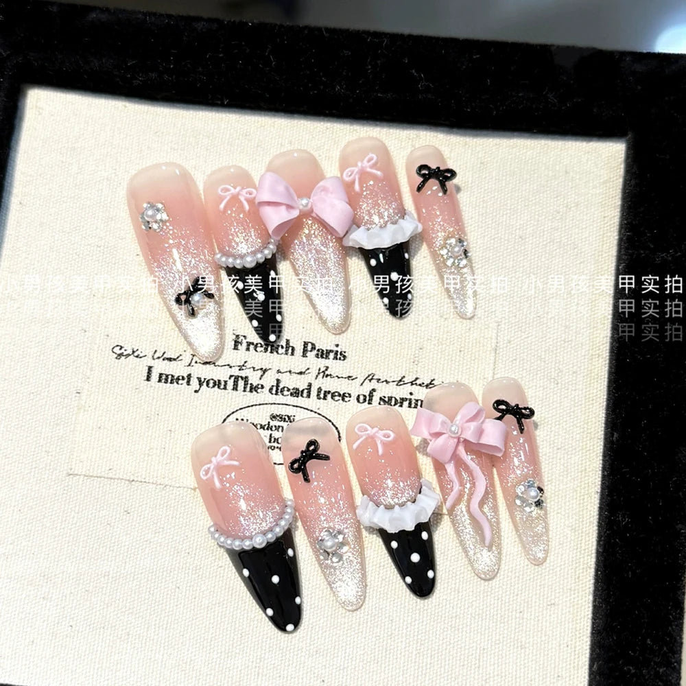 10Pcs Luxury Court Handmade Long Stiletto Full Cover Nails 3D Spice Girl Sparkling Diamond Bow Pearl Flowers Wearable Fake Nails