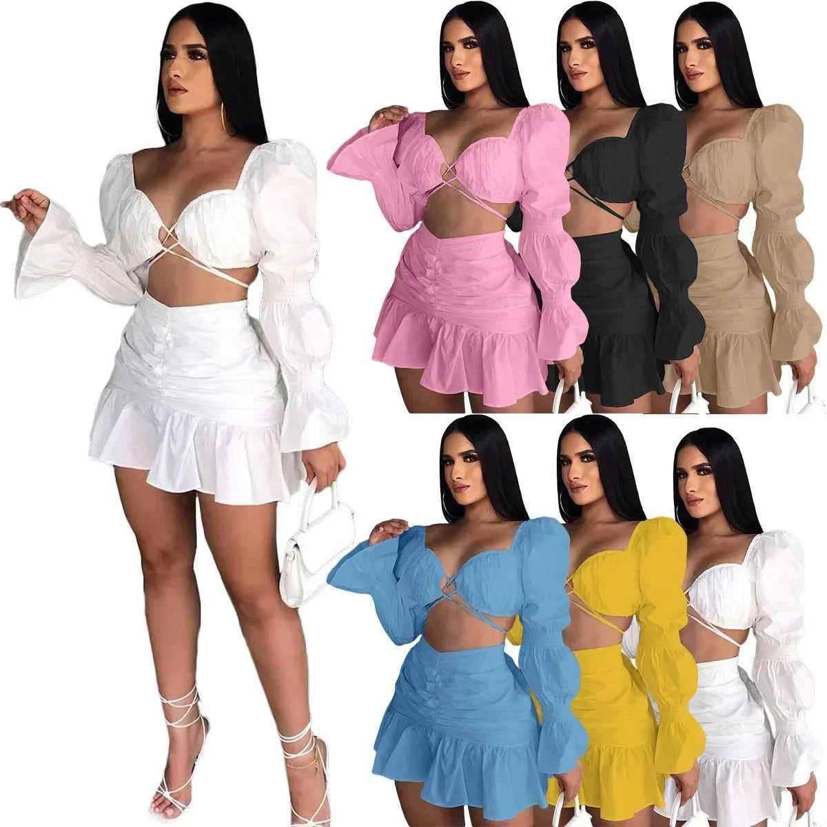 Angel V Neck Crop Top Ruffle Skirt +Top Set