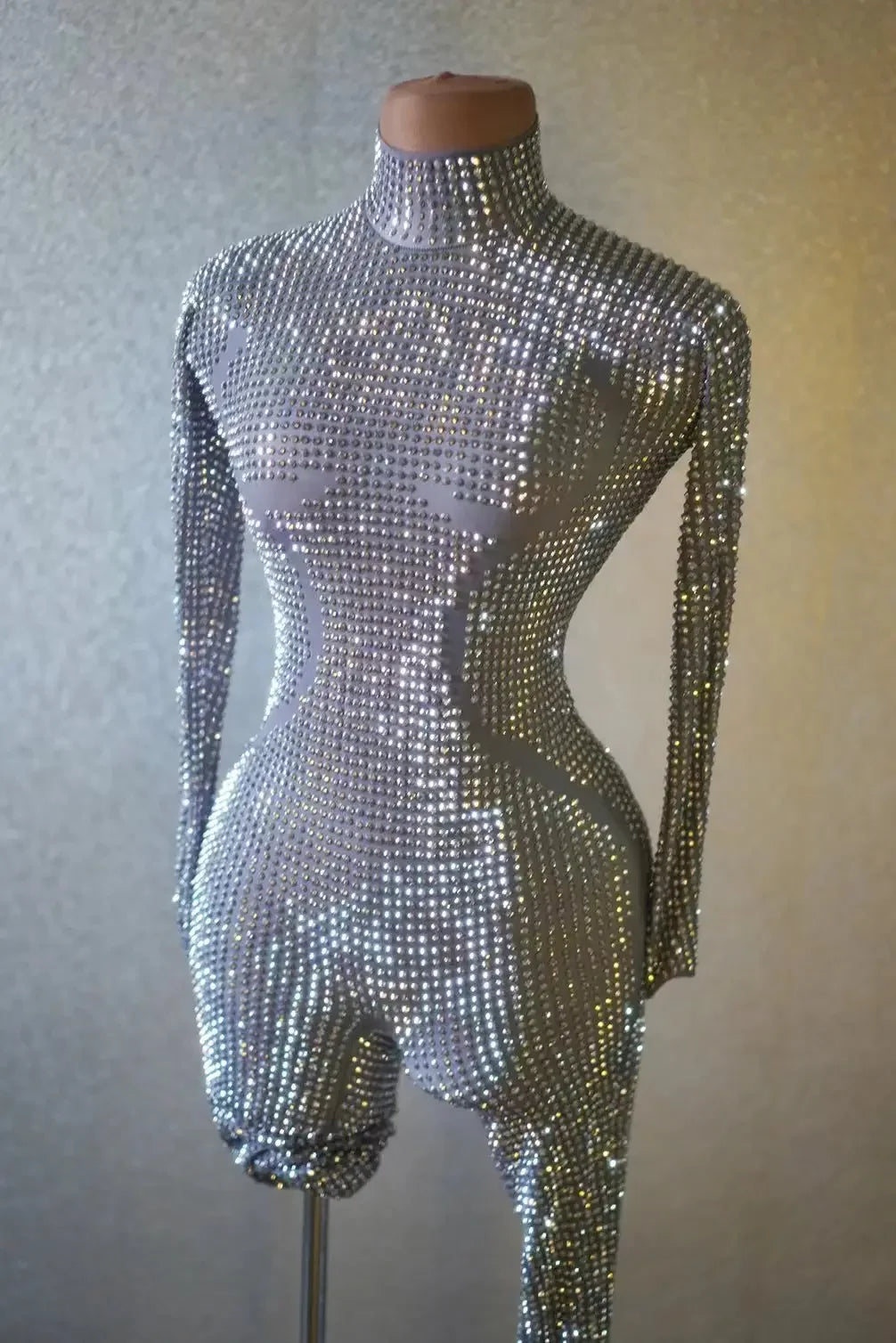 Feria Sparkly Long Sleeve Crystal Rompers Bodycon Bodysuits Stage Performance One Piece Jumpsuits