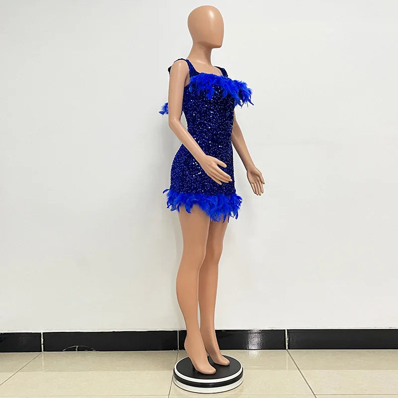 Short Sequins Halter Feathers Spicy Dresses