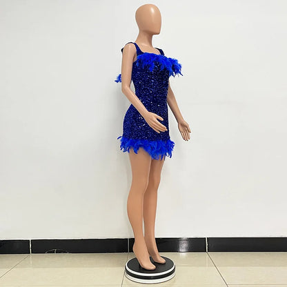 Short Sequins Halter Feathers Spicy Dresses