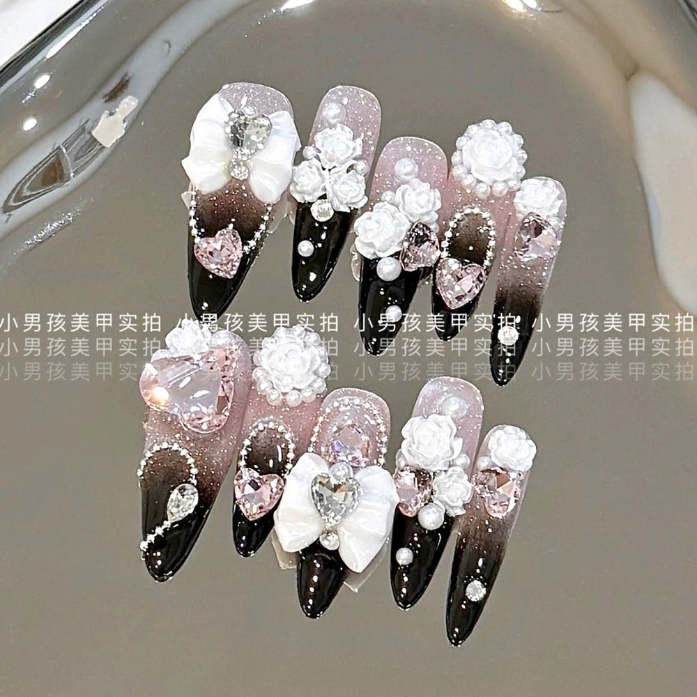 10Pcs Luxury Court Handmade Long Stiletto Full Cover Nails 3D Spice Girl Sparkling Diamond Bow Pearl Flowers Wearable Fake Nails