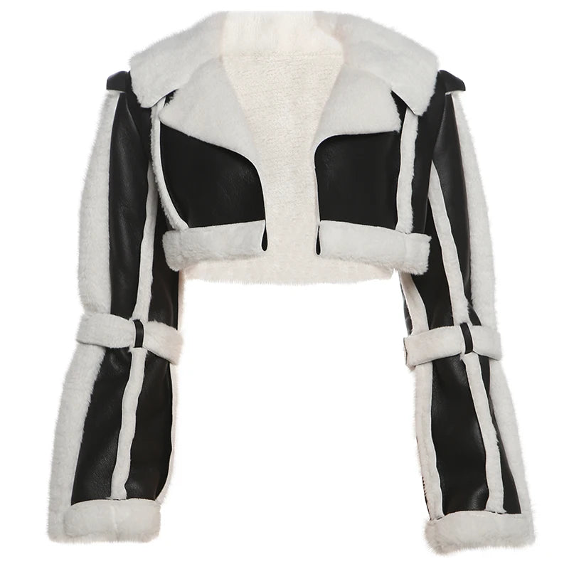 Furry Patchwork Women Crop Jacket Hipster Full Sleeve Open Stitch Hipster Streetwear Warm Outwear Basic Wild Coat