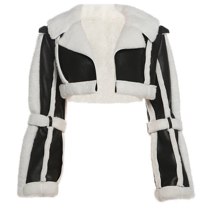 Furry Patchwork Women Crop Jacket Hipster Full Sleeve Open Stitch Hipster Streetwear Warm Outwear Basic Wild Coat