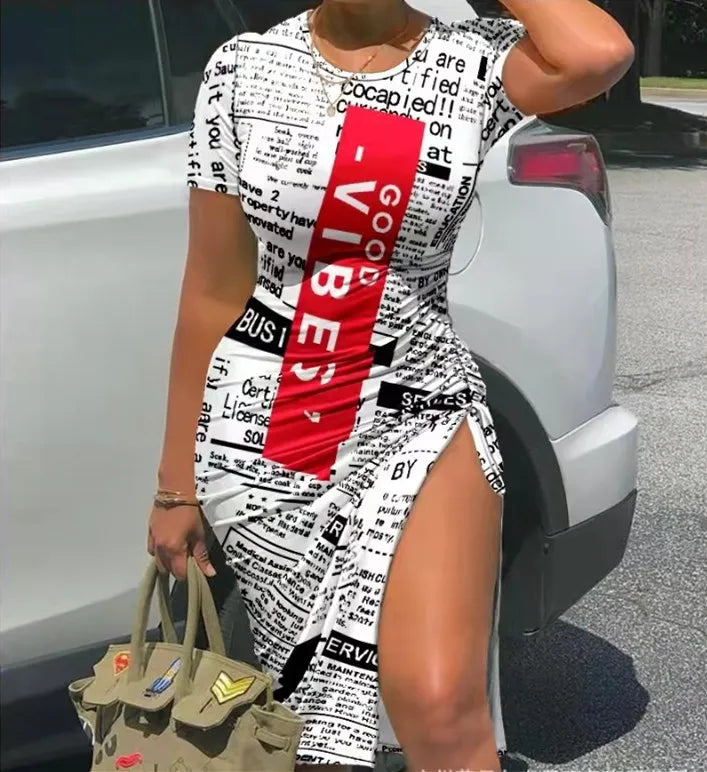 Trendy Printed Slim Bodycon Short Sleeves Drawstring Slit Midi Dresses