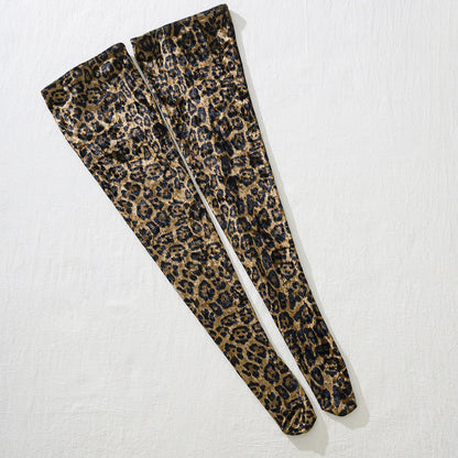 Leopard Print Bodysuit + Gloves + Leggings Backless Deep V Suspenders Sleeveless Bodysuits Thin 3X4C