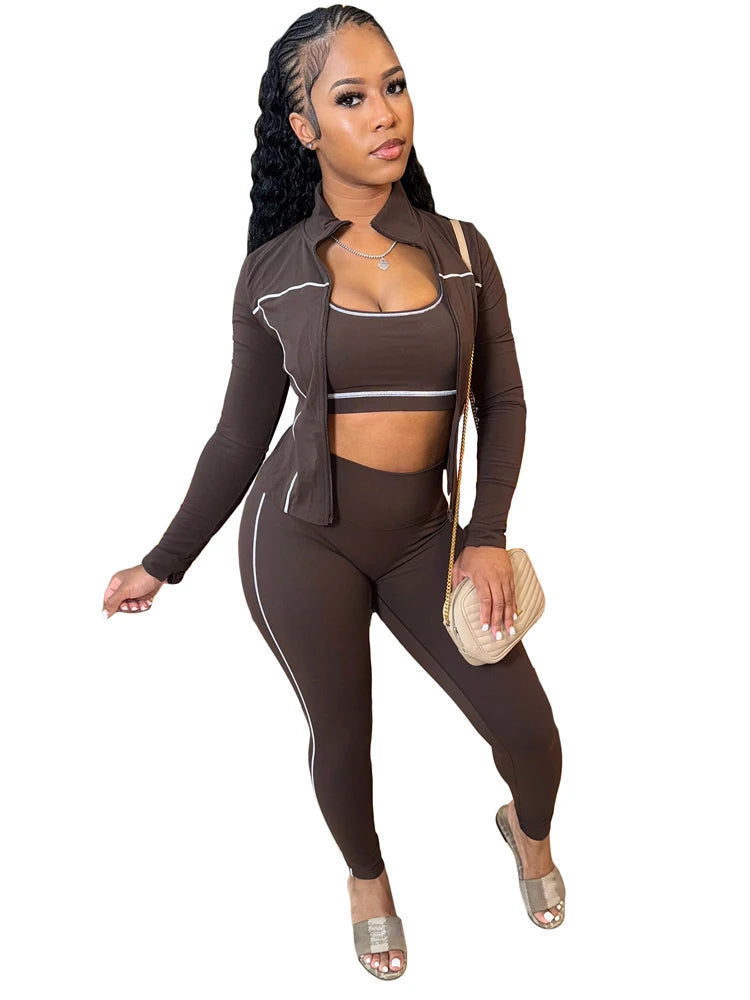 Long Sleeve Jacket + Tank Top + Tight Pant Sets (3 Piece Sets)