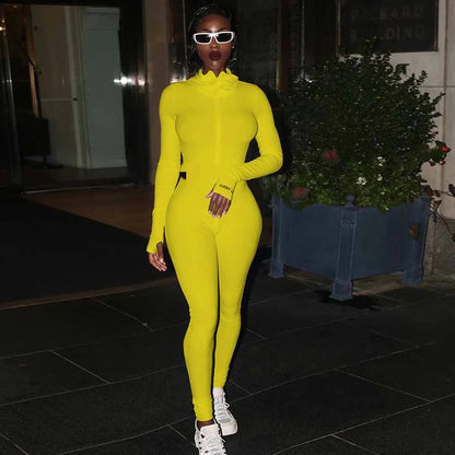 Zipper Jumpsuit Women Embroidery Letter Print Workout Sportswear Female Outfit Skinny Solid Turtleneck Streetwear