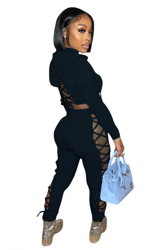 Cross-Border Tied Tops + Pants Hollow Sets(2 Piece Set)