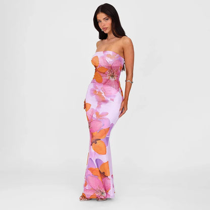 Floral Long Slim Bodycon Backless Maxi Dresses