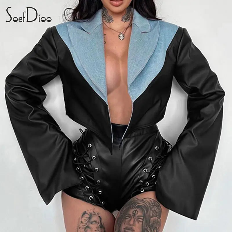 Cassey Pu Patchwork Lapel Long Sleeve Crop Jackets